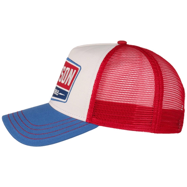Frisk og lækker Stetson trucker cap i røde, blå og hvide farver.